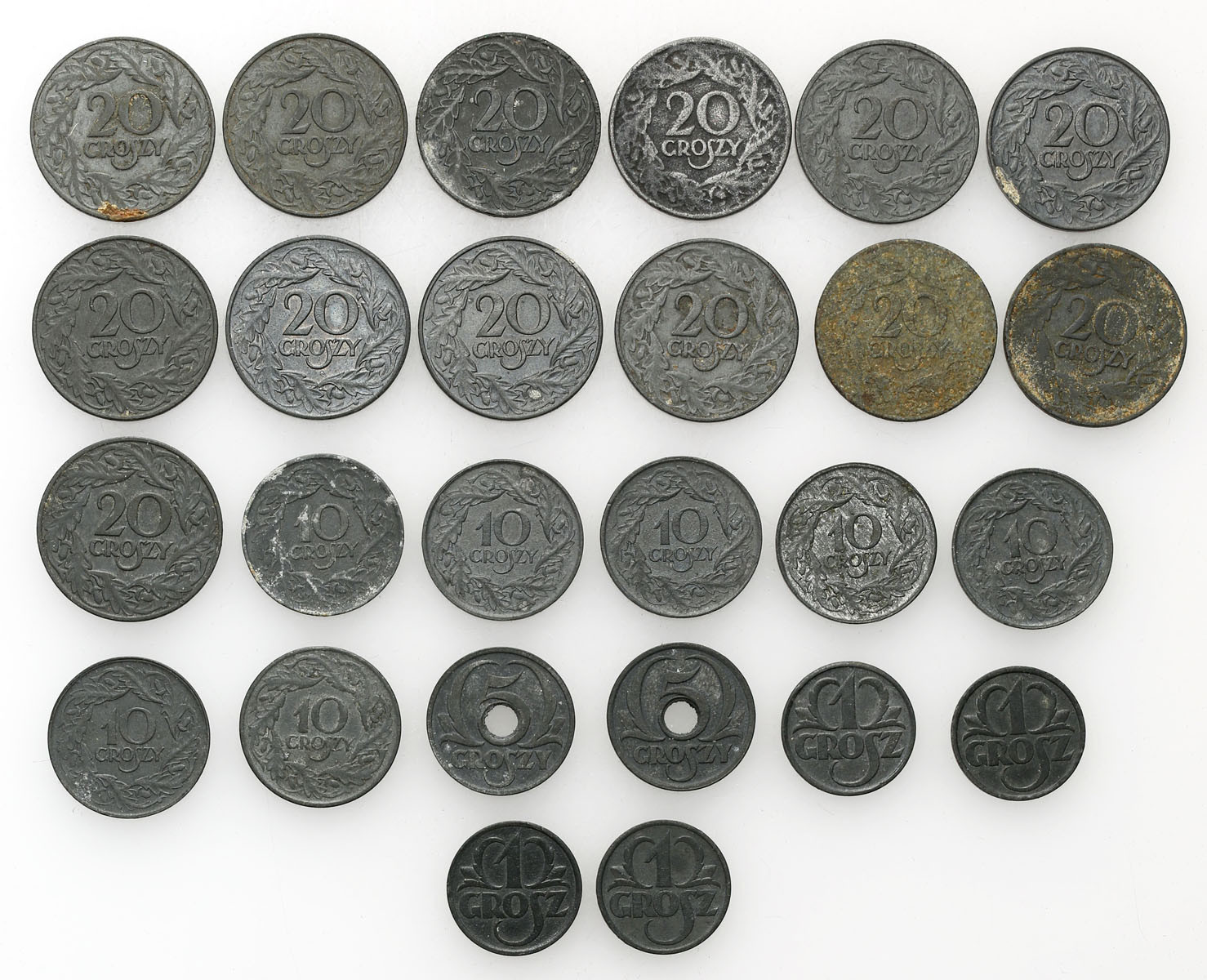 Generalna Gubernia. 1, 5, 10, 20 groszy 1923-1939, zestaw 26 monet